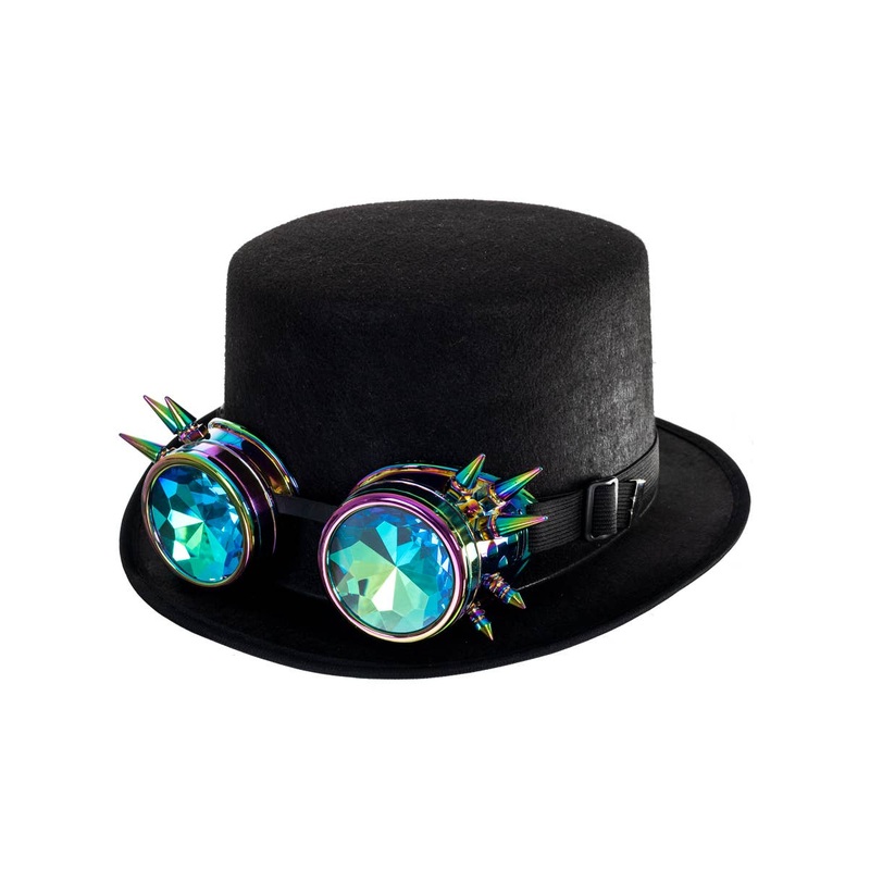 Steampunk Black Top Hat with Spiked Rainbow Goggles