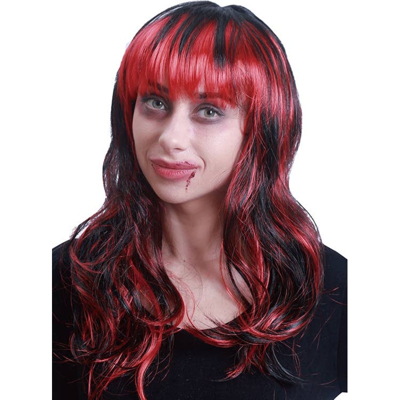 Wavy Red and Black Womens Halloween Costume Wig with Fringe
