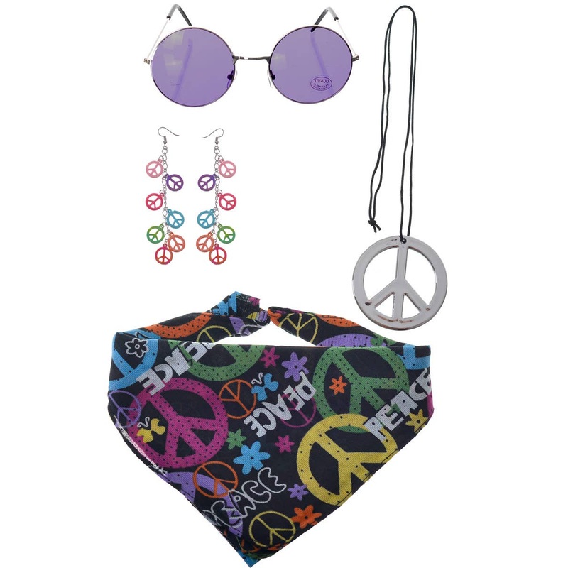 1970s Peace Sign Hippie Accessory Set with Round Purple Glasses
