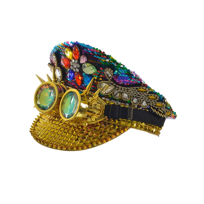 Deluxe Rainbow Festival Hat with Gold Holographic Goggles