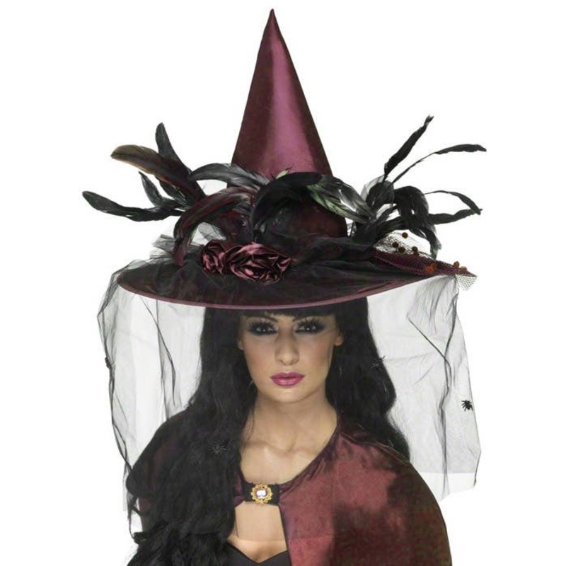 Elaborate Purple Plum Satin Halloween Witch Hat