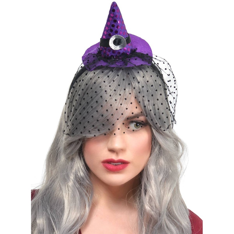 Mini Purple Witch Hat with Black Polka Dot Veil