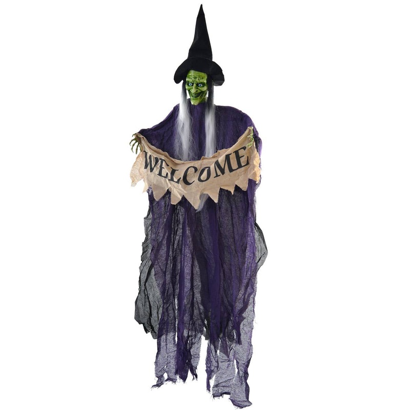 Tattered Purple Witch with Welcome Sign Halloween Decoration