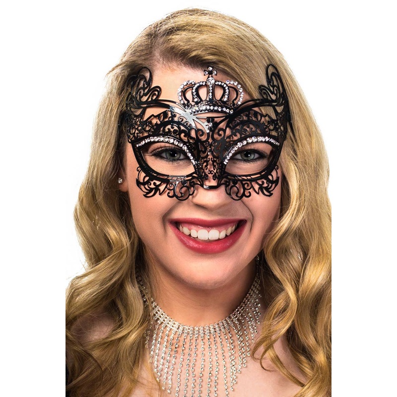 Crown Princess Black Metal Masquerade Mask with Diamantes