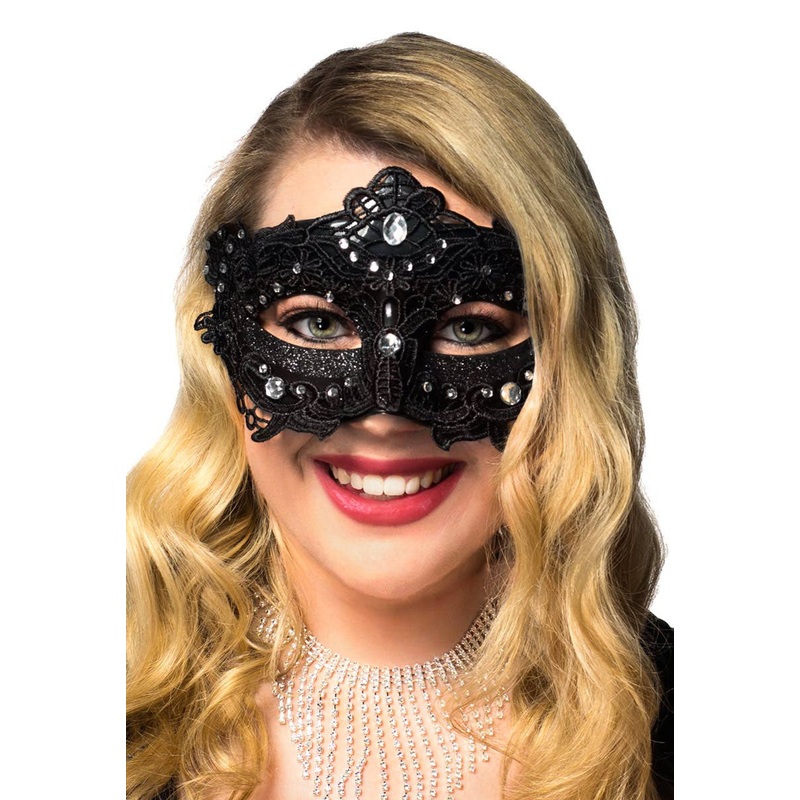 Glitter and Floral Lace Overlay Black Masquerade Mask
