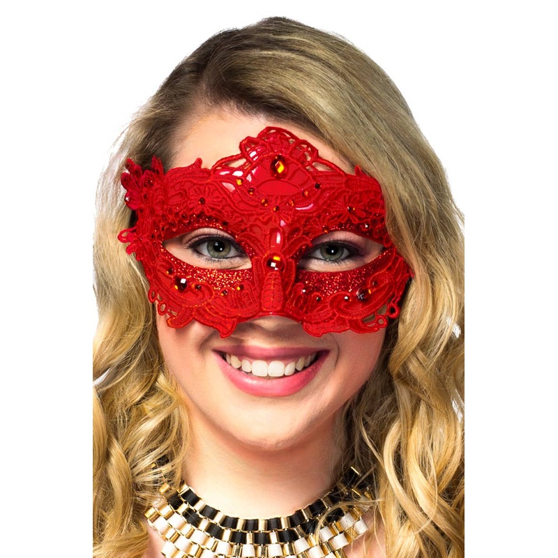 Glitter and Floral Lace Overlay Red Masquerade Mask