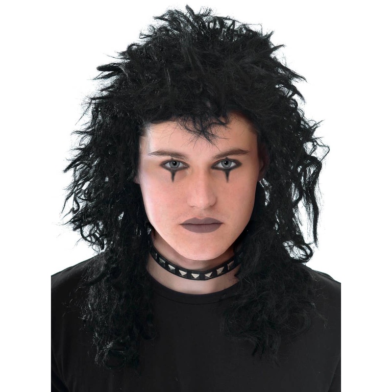 Punk Rocker Mens Black Crimped Mullet Costume Wig