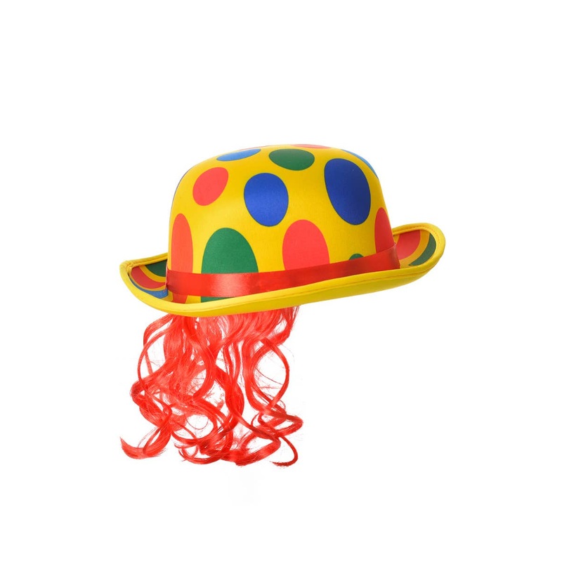 Polka Dot Yellow Bowler Clown Hat with Hair