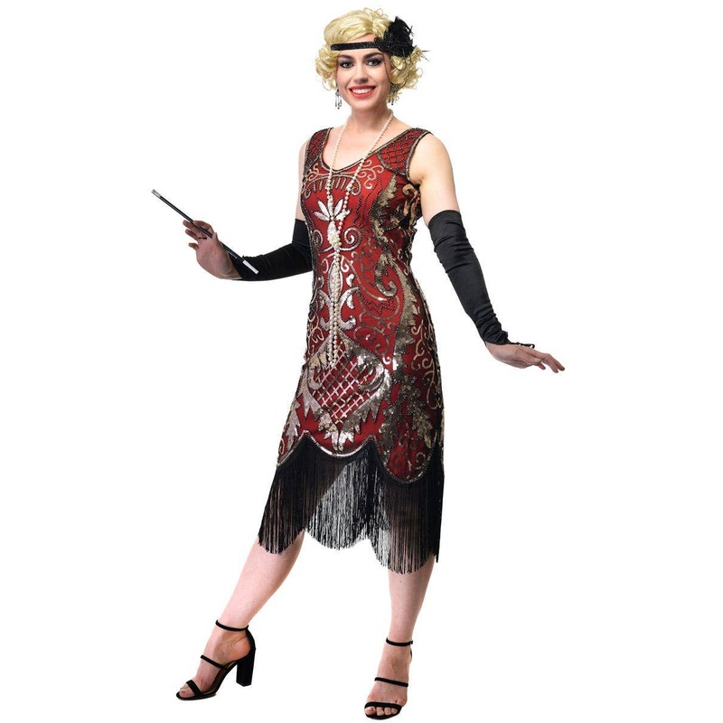 1920s Plus Size Womens Red and Gold Sequin Flapper Dress 2X