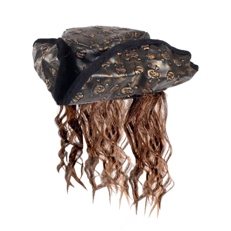 Caribbean Skull Pirate Costume Hat with Hair