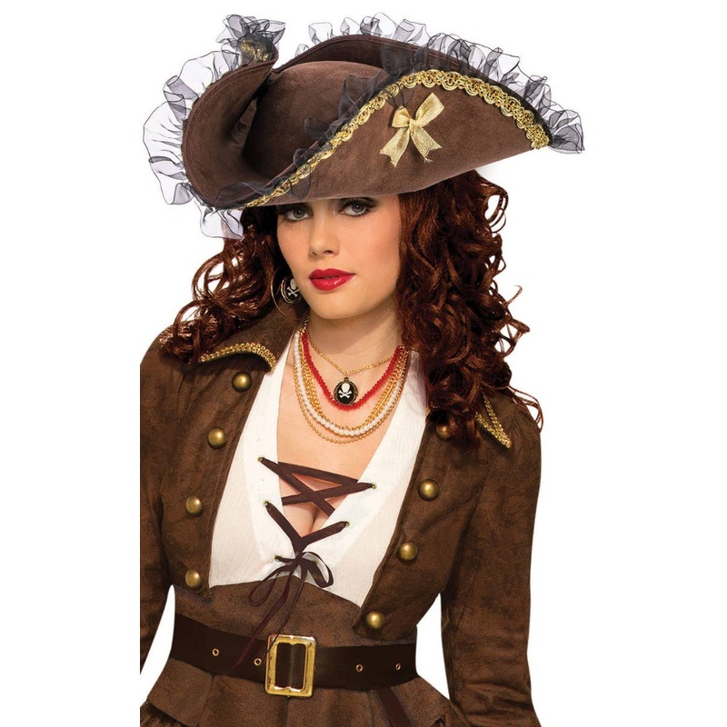 Lace Trim Womens Brown Pirate Costume Hat