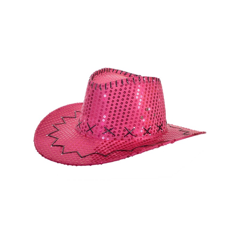 Sparkly Pink Sequin Cowgirl Festival Hat with Black Trim