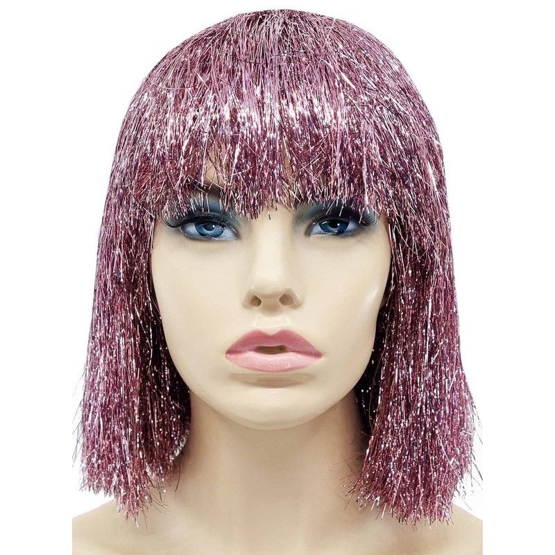 Sparkly Pink Tinsel Short Bob Costume Wig with Fringe
