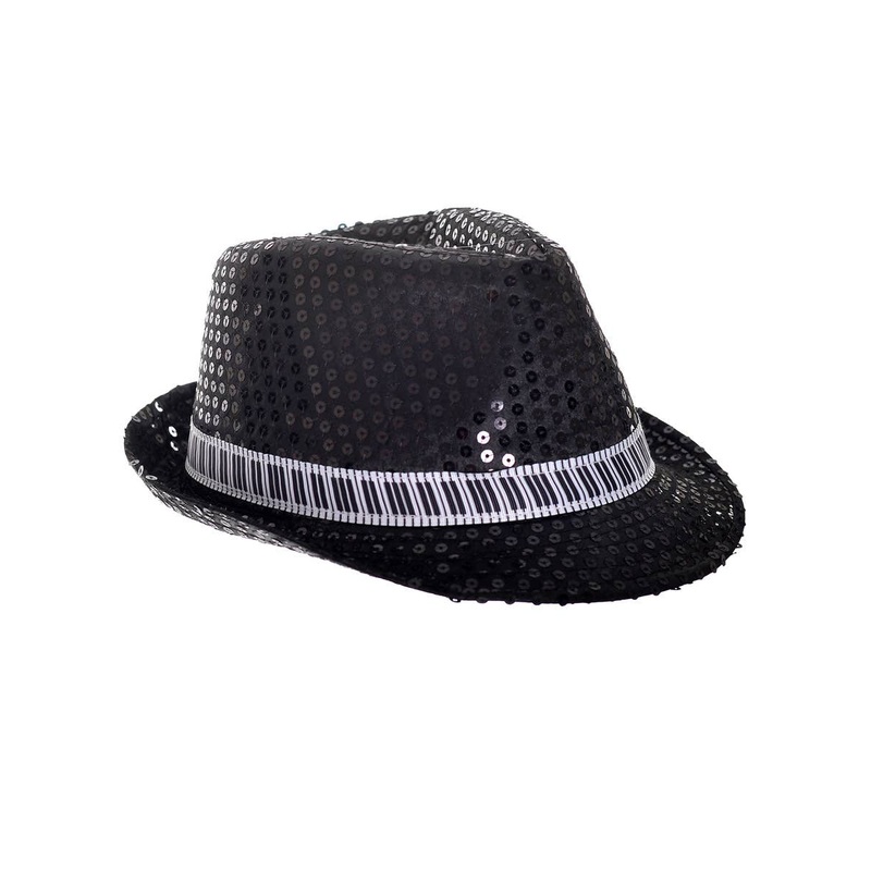 Black Sequin Fedora Costume Hat with Piano Key Band