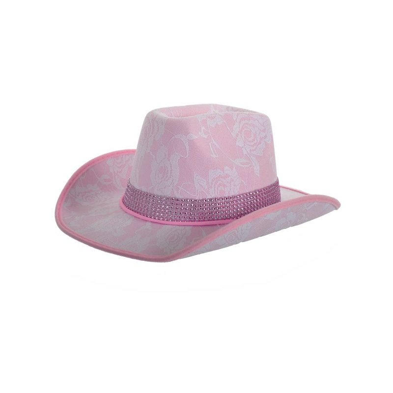 Lace Pink Cowgirl Festival Hat with Rhinestone Band