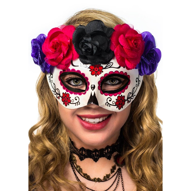 Sugar Skull Pink and Purple Masquerade Mask with Flowers