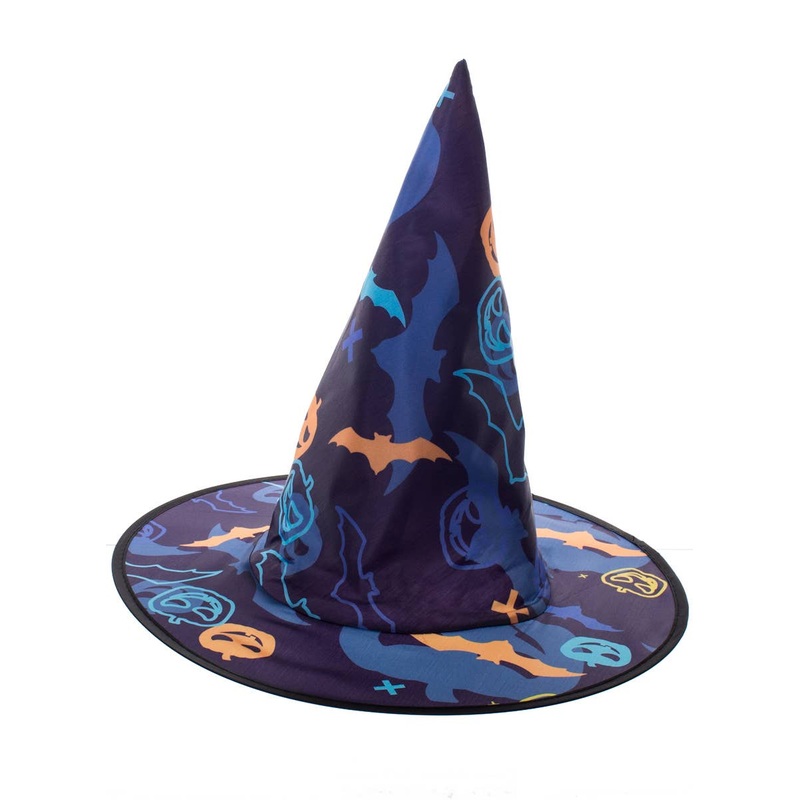 Cute Blue and Orange Halloween Bat Print Witch Hat