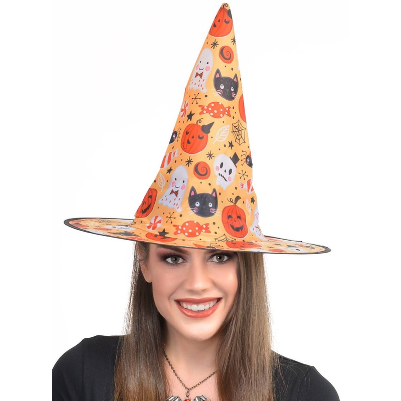 Cute Child Friendly Orange Halloween Print Witch Hat