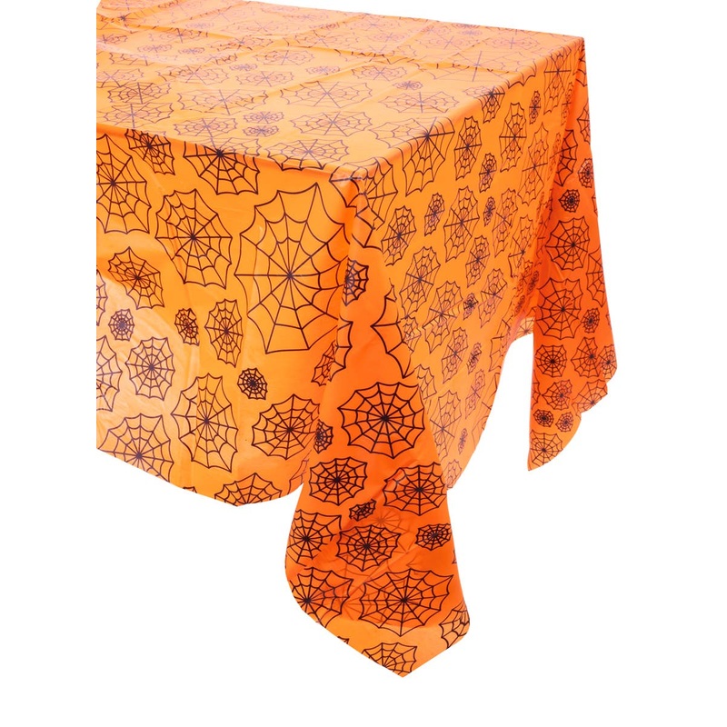 Large Orange Plastic Halloween Table Cover with Spiderweb Print