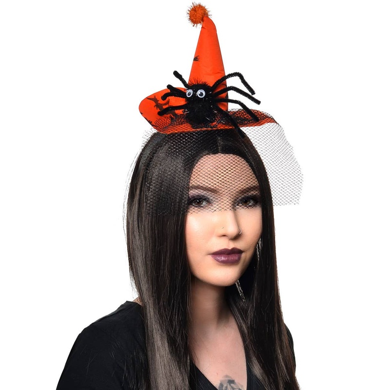 Mini Orange Spider Witch Hat on Headband with Black Veil