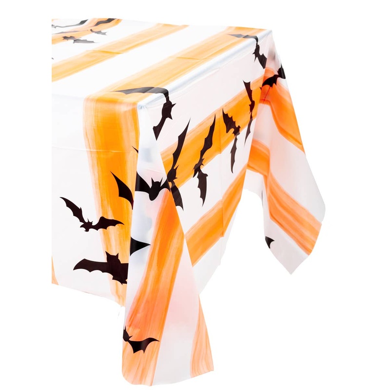 Stripy Orange and White Plastic Halloween Table Cover with Bat Print