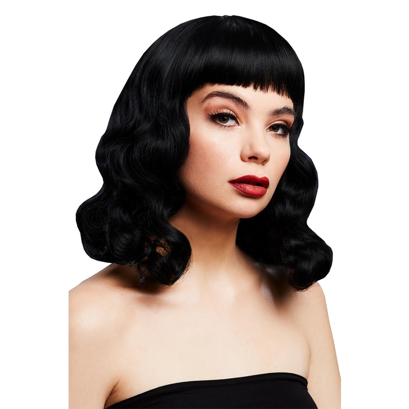 Bettie Womens Deluxe Short Black Costume Wig with Fringe