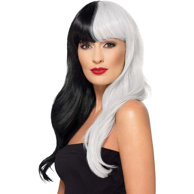 Half And Half Womens Long Black And White Costume Wig