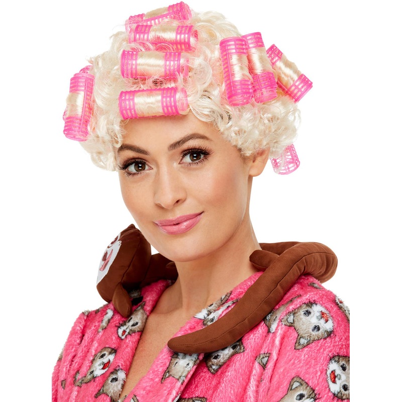 Roller Granny Womens Blonde Costume Wig With Pink Rollers