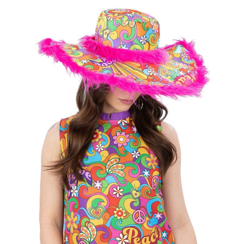 Summer Of Love Rainbow Fur Trim 60s Costume Sun Hat
