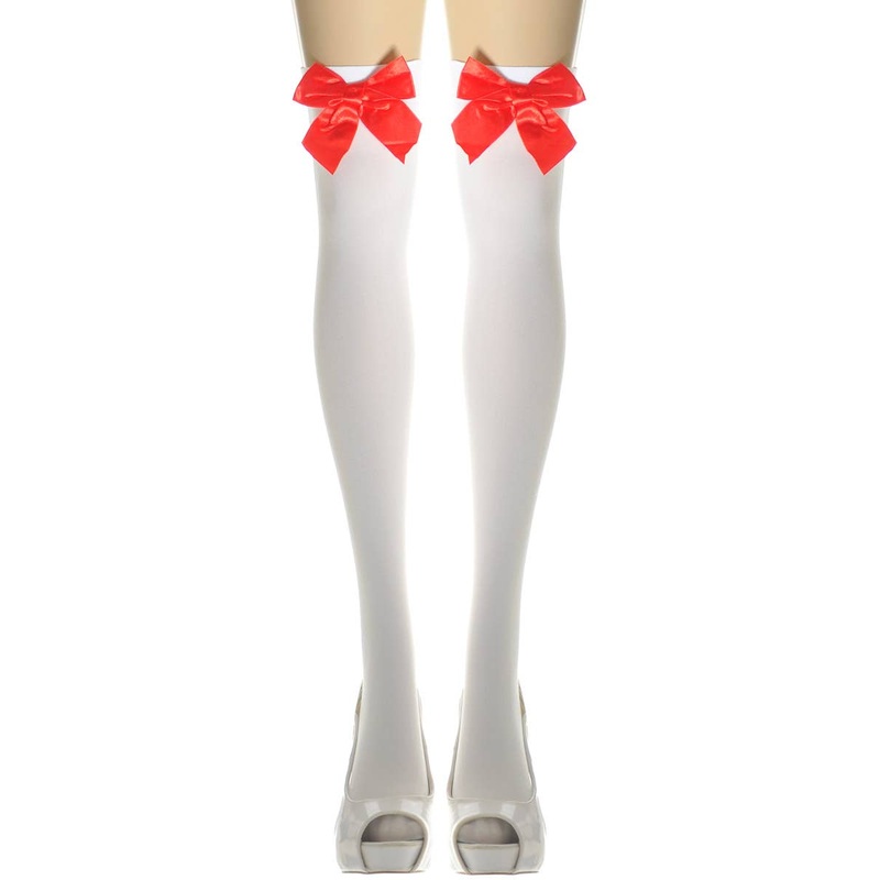 Thigh High White Opaque Stockings with Red Bows