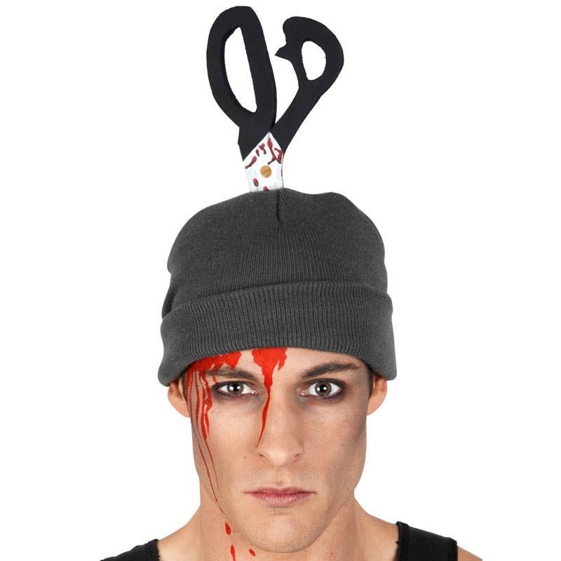 Gruesome Grey Halloween Beanie with Scissors