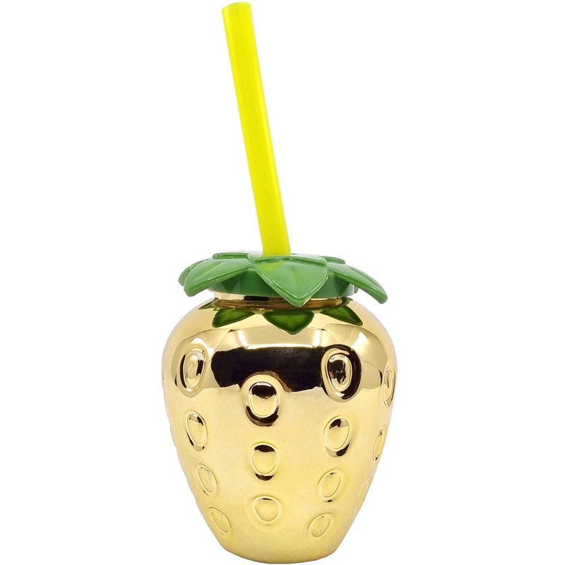 Metallic Gold Strawberry Party Cup with Lid