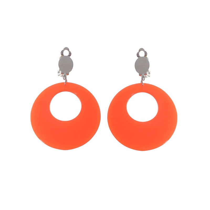 60s Neon Orange Clip On Round Costume Earrings