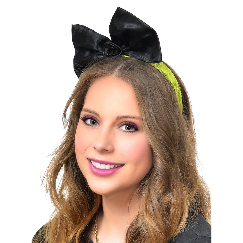 Awesome 80s Neon Green Lace and Black Satin Bow Costume Headband
