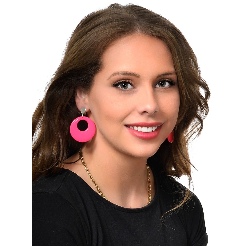 Awesome 80s Neon Pink Circle Clip On Earrings