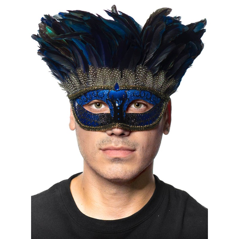 Feathered Blue Mysterious Tie on Masquerade Mask