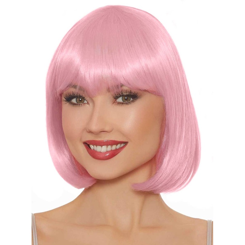 Bubblegum Pink Womens Short Bob Costume Wig with Fringe