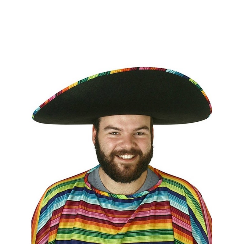 Mexican Adults Black Sombrero Hat with Rainbow Trim