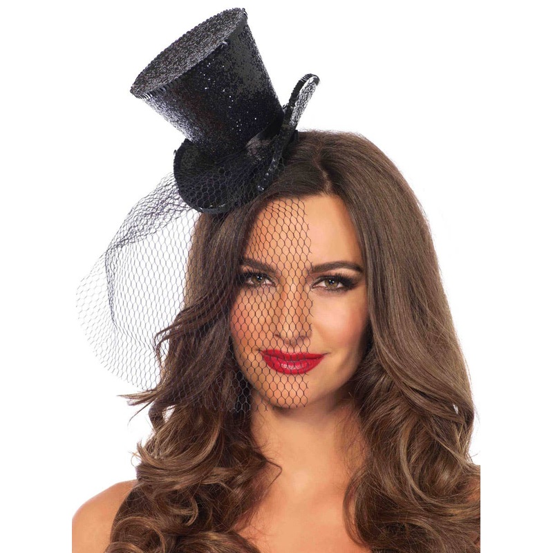 Mini Black Glitter Top Hat with Veil