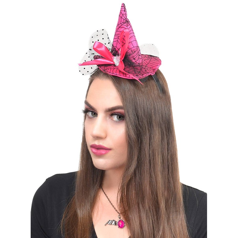 Mini Pink Spiderweb Witch Hat on Headband