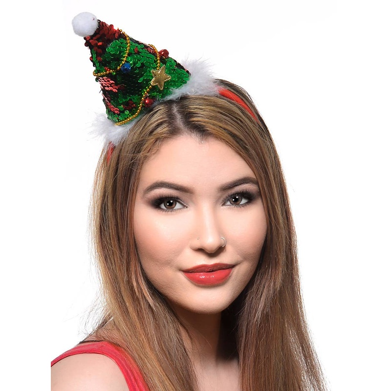 Mini Red and Green Sequin Christmas Tree Hat on Headband