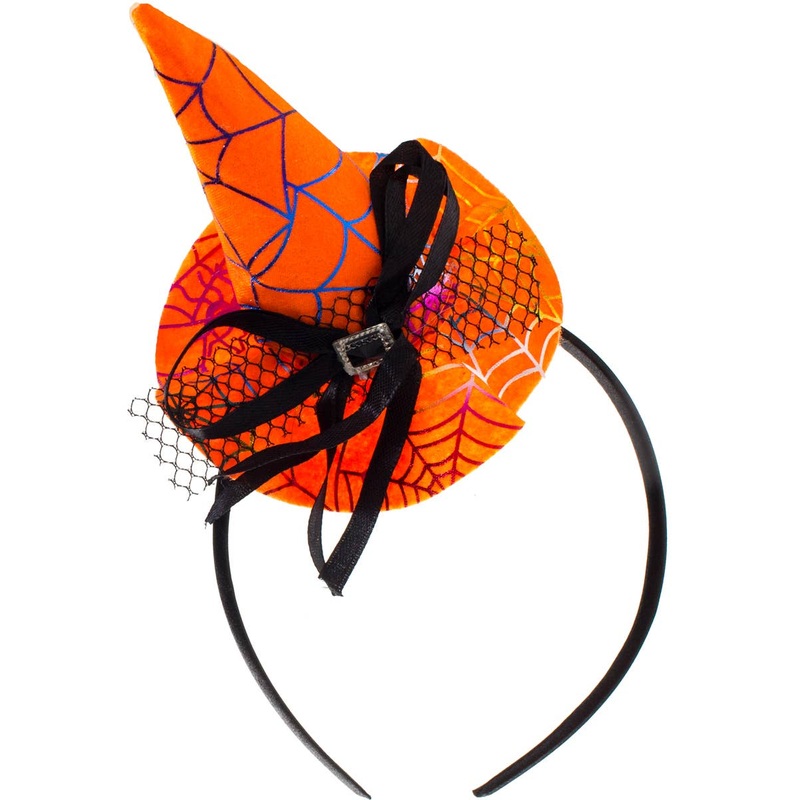 Spiderweb Print Mini Orange Witch Hat on Headband