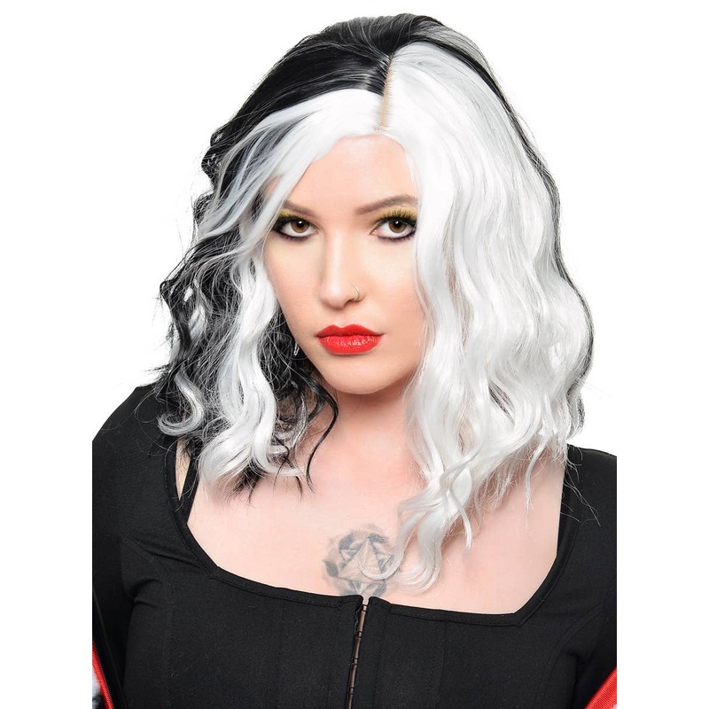 Wavy Black and White Mid-Length Costume Wig with Skin Part