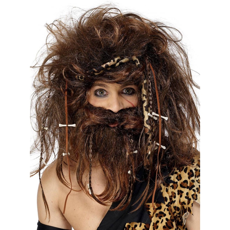 Crazy Caveman Mens Brown Wig and Beard Set