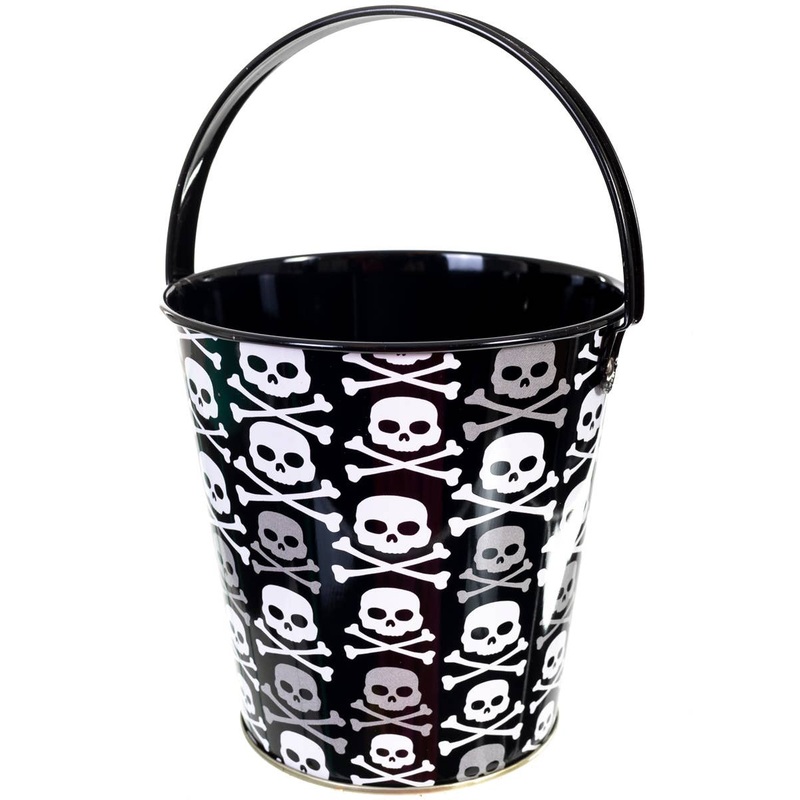 Skull and Crossbones Metal Trick or Treat Bucket Halloween Accessory