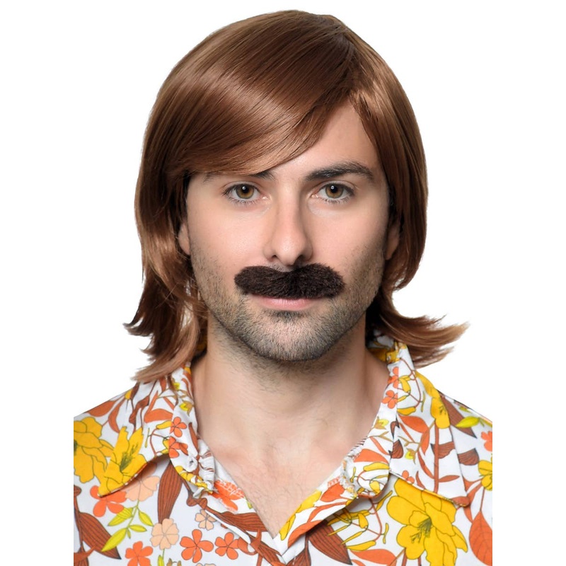 Sleazy 70s Dude Mens Brown Costume Wig with Moustache