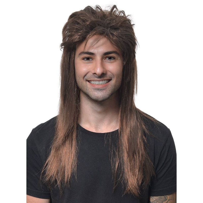 Classic Long Chestnut Brown Mullet Mens Costume Wig