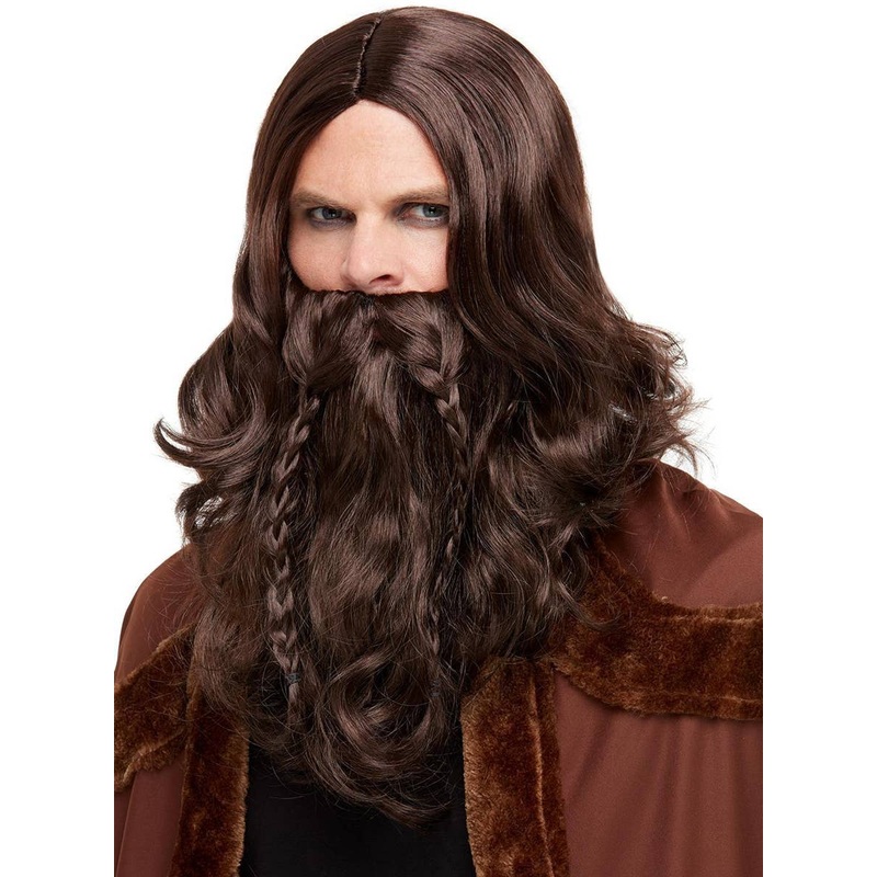 Viking Barbarian Mens Long Brown Costume Wig and Beard Set