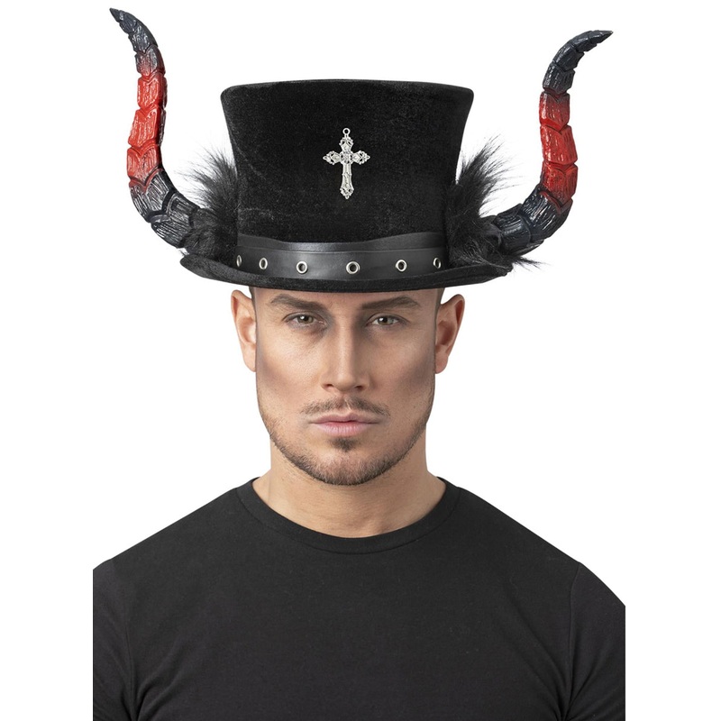 Adults Black Halloween Top Hat with Cross and Red Devil Horns