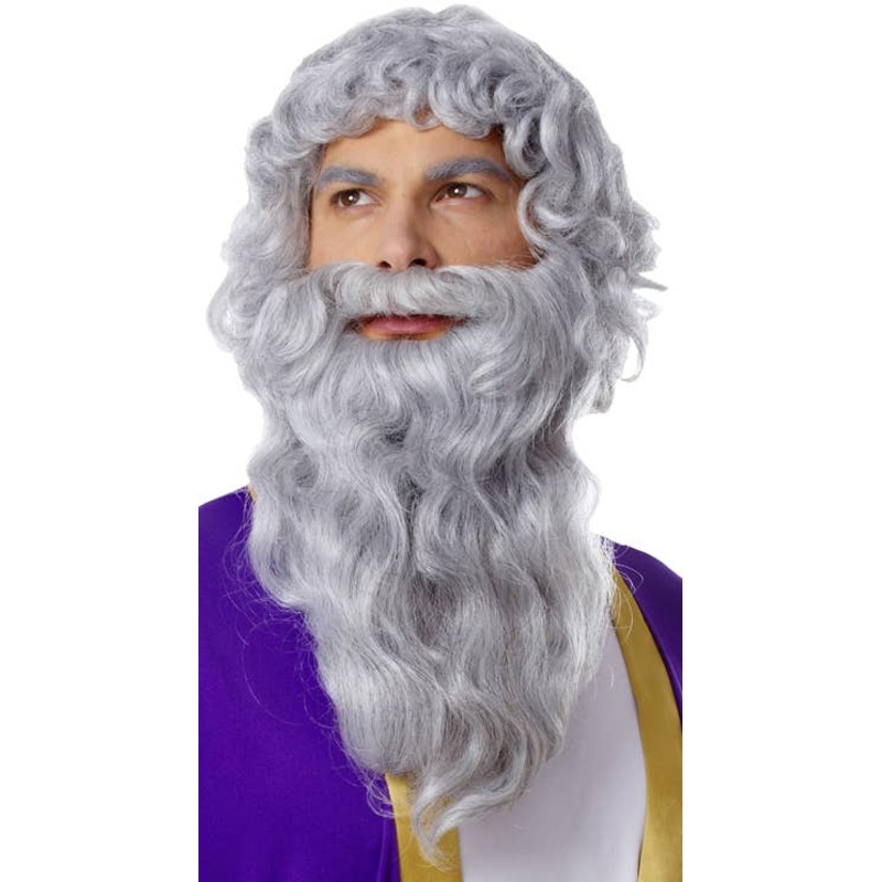 Biblical Curly Grey Mens Wig and Beard Set